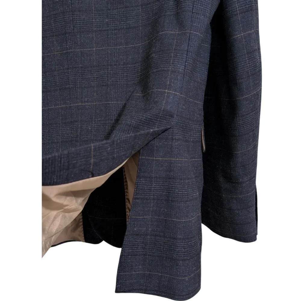MOSS (Moss Bros) Navy Windowpane Plaid Blazer 44L Tailored Fit
